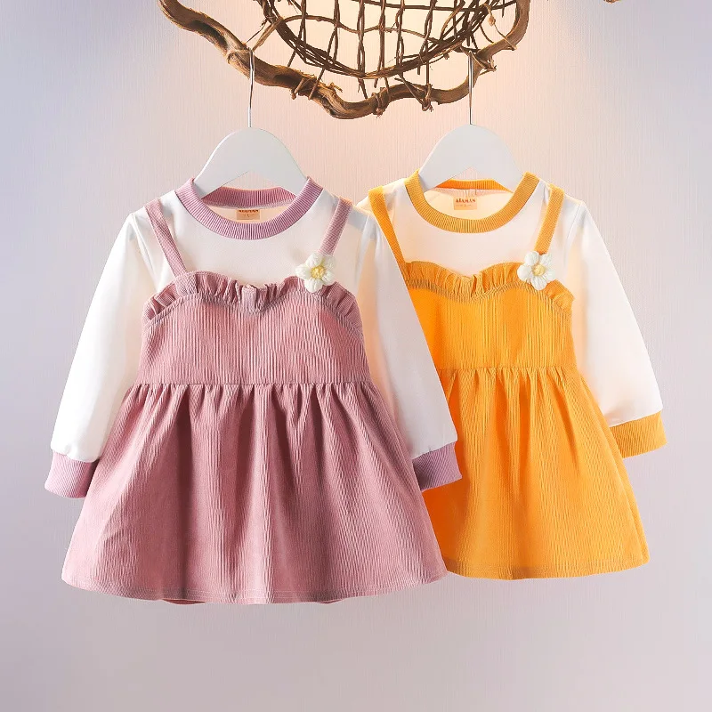 

Милое демисезонное платье принцессы для маленьких девочек, платья с длинным рукавом из двух частей с имитацией цветов для детей, младенцев