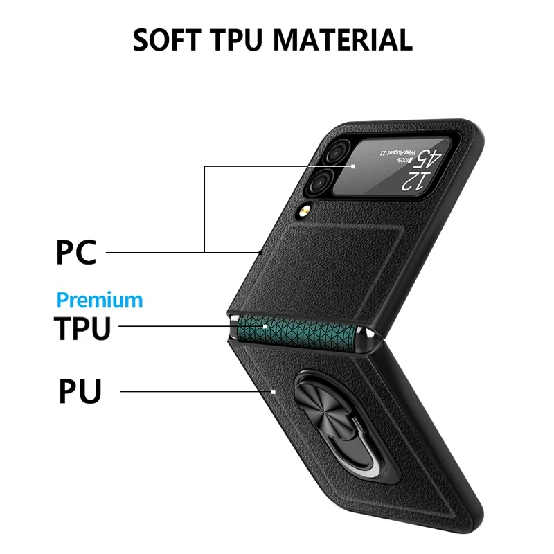 Z Flip 3 Funda Case for Samsung Galaxy Z Flip 3 Hinge Metel Ring Surpport Lychee Pattern Protetcion Phone Case Cover ZFlip3