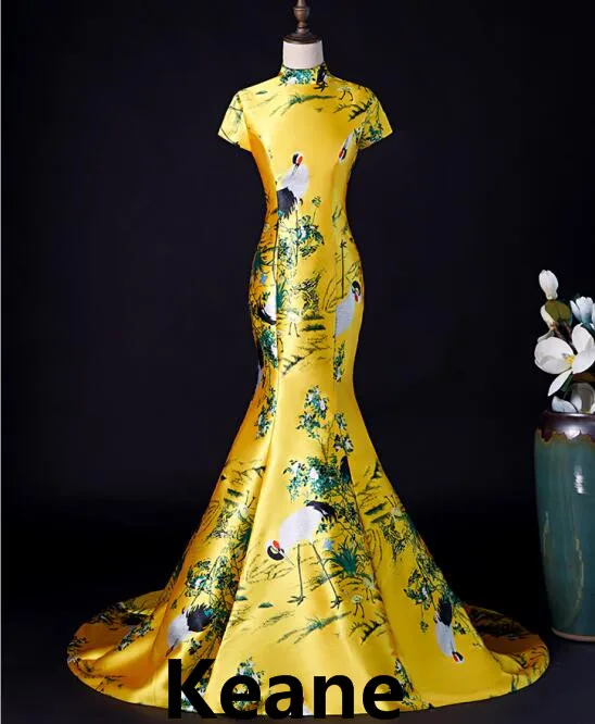 

Yellow Mermaid Evening Dress Satin High Neck Special Occasion Islamic Dubai Kaftan Saudi Arabic Evening Prom Dress