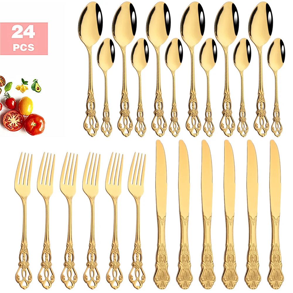 

6/24Pcs Cutlery Set Gold Dinnerware Stainless Steel Royal Spoon Forks Knives Kitchen Western Dinner Silverware Tableware Gift