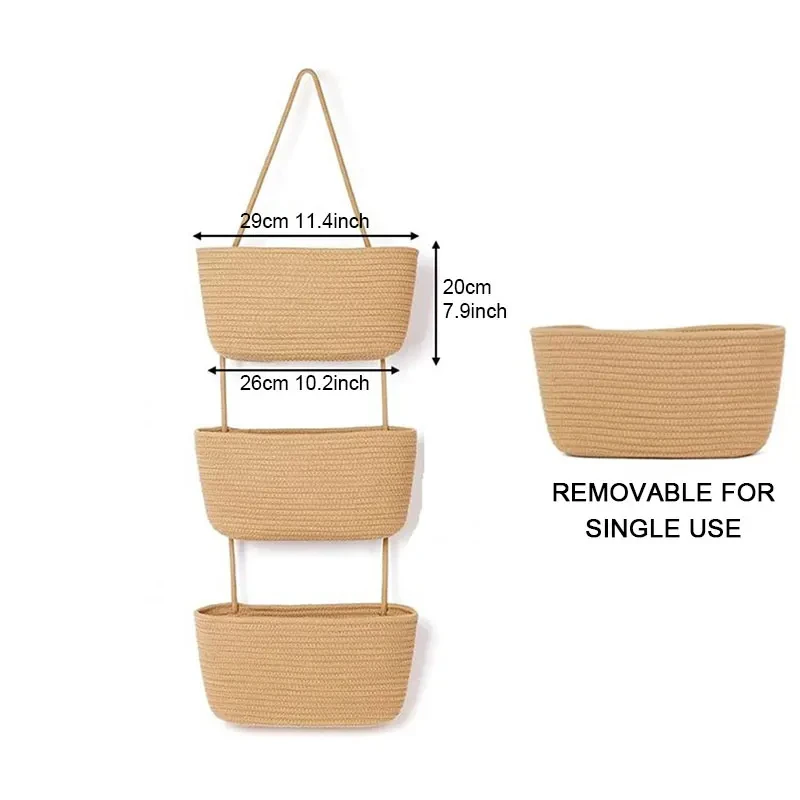 

Woven Storage Basket Hang Socks Sundries Wall Hanging Basket With Withe Cotton Rope 1Pc Three-layer Fruit Storage Basket Home