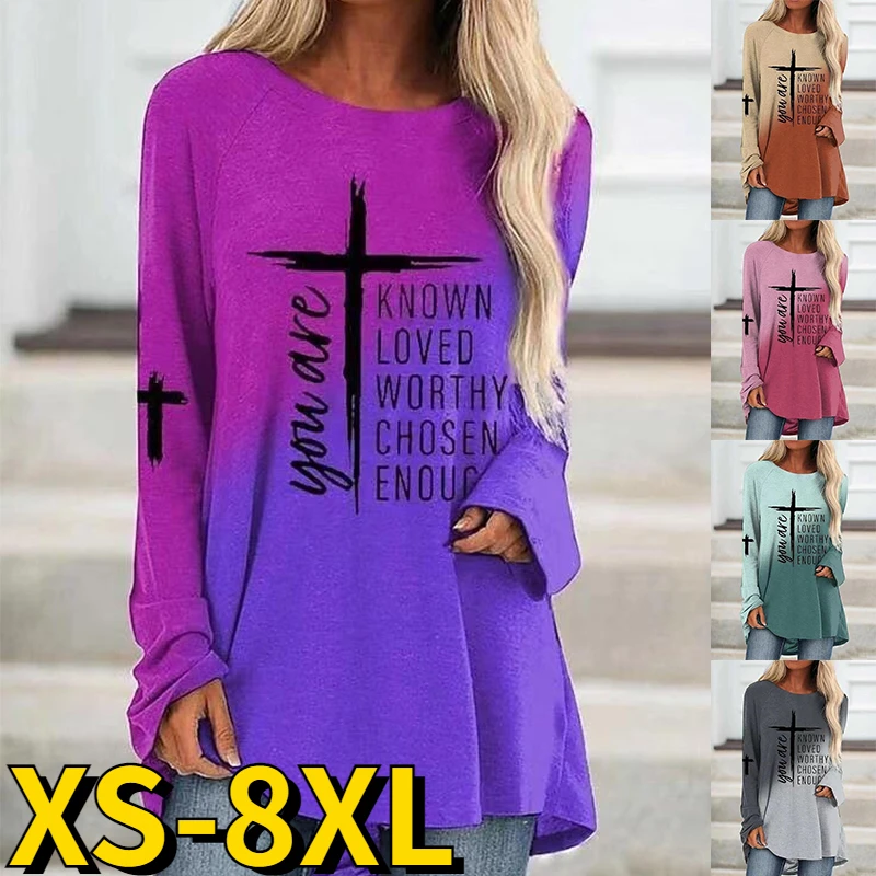 2022 New Gradient T-shirt Autumn Winter Women Loose Size Tops Everyday Street Round Neck Trend Long Sleeve Oversized Pullover