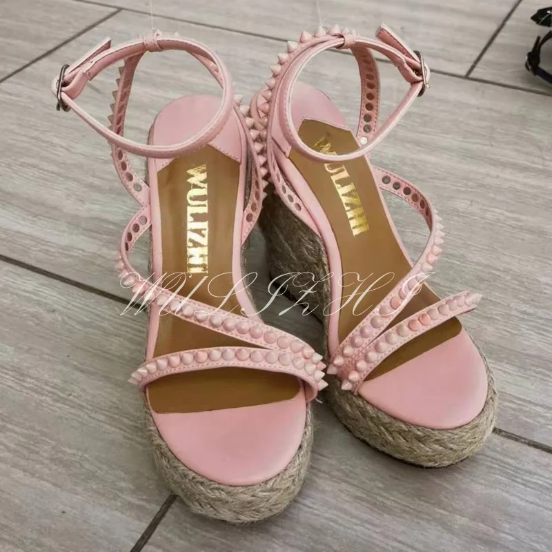 Women's Candy Color Rivet Design Wedge Sandals Summer Casual Open Slingback Platform Pink Yellow Sandals Cross Wrap Buckle Shoes