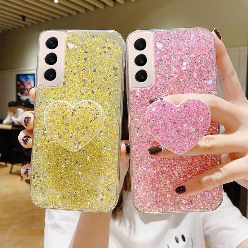 

S 22 21 Love Heart Glitter Holder Silicone Case For Samsung Galaxy S22 S21 Plus Ultra Fe S21plus S22plus Clear Stand Cover S21fe