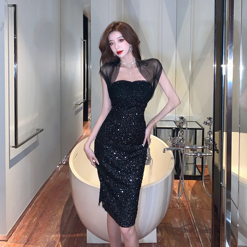 

The Latest Women's Sequin Dress Ladies Mesh Stitching Sequins Halter Dress Party Dress Woman Dress Black Dress Sexy Dress