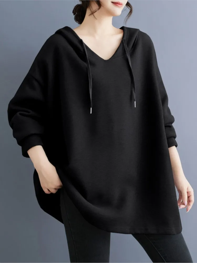 Осенний вязаный осенний пуловер с капюшоном и v-образным вырезом женский