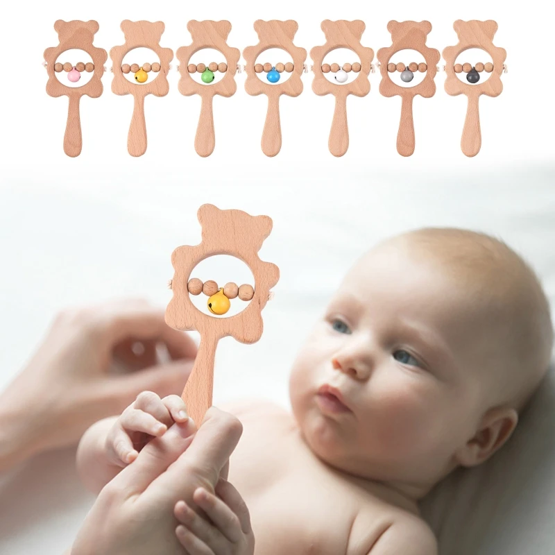 

Baby Wooden Rattle Beech Animal Hand Teething Wooden Ring Makes Sound Education