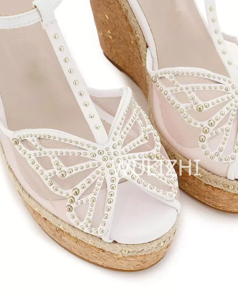 Mesh Crystal Butterfly Hollow Design Wedge Sandals Women Platform Wood Grain Heels Slingback Buckle Peep Toe White Pink Shoes
