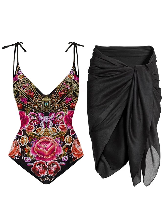 

Women Swimsuit Sling Retro One Piece Swimwear Floral Printed 2023 Polyester Brazilian Summer V Neck Bathing Suit And Cover Up
