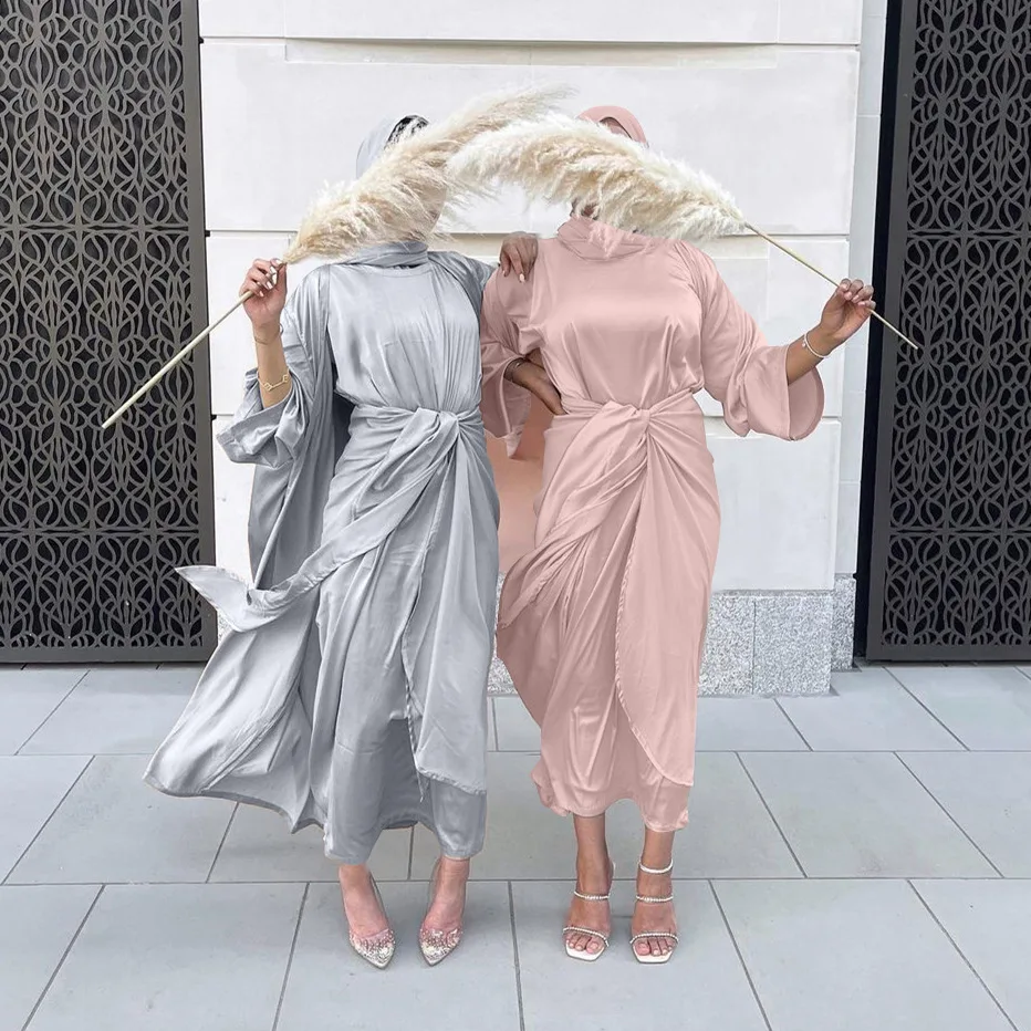 3 Piece Silky Abaya Set Plain Matching Outfit Women Muslim Fashion Dubai Saudi Modesty Open Kimono Long Dress Wrap Skirt Turkey