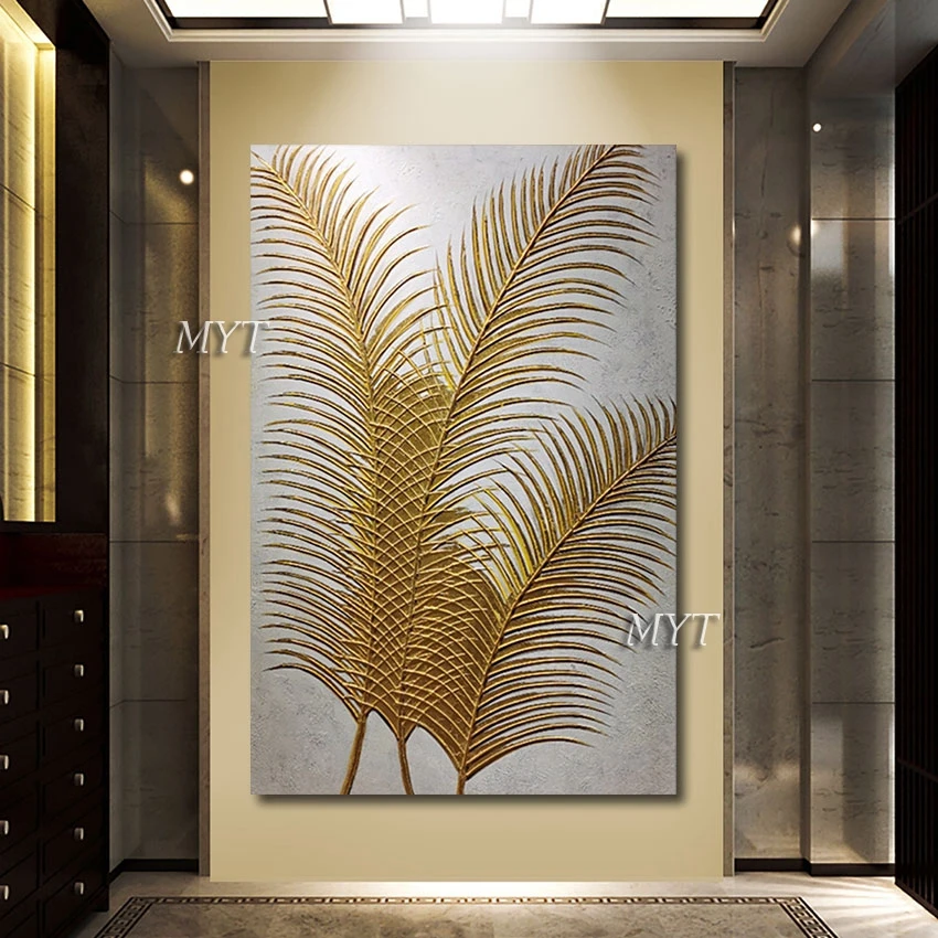 

High Quality Thick Gold Foil Feather Handmade Modern Abstract Canvas Art Oil Painting Unframed Home Decoration Pieces Luxury