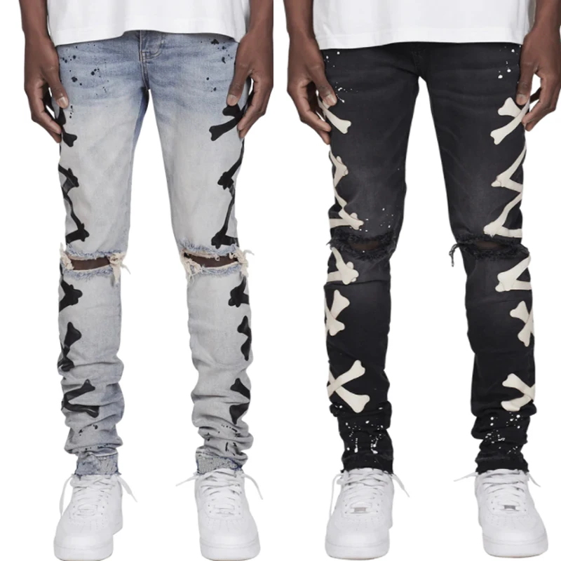 Fashion Slim Fit Ripped Men's Jeans Printed Y2k Skeleton Pants Hip Hop Vintage Male Denim Trousers Elegant Jean for Men Pant