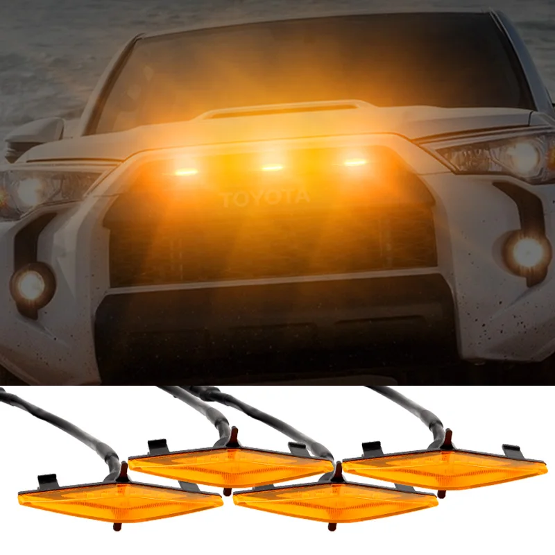 

4PCS Car LED Front Grille Lighting Strobe Flashing Amber Warning Light DRL Car Truck Emergency With Wiring Harness Kits Fog Lamp