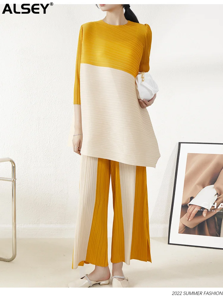 

ALSEY Miyake Pleated Colorblocking Irregular Slash Long Loose + Straight Slim Wide Leg Pants Fashion Women's Two Piece Set New