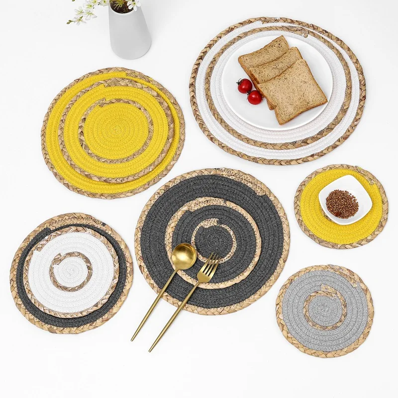 Japanese Handmade Straw Placemats Pot Pads Coasters Table Pads Heat Insulation Cotton Thread  Placemats