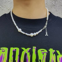 asymmetrical pearl beads splicing chains necklace men rhinestones letter a pendants necklaces 2022 fashion jewelry choker collar