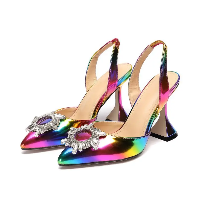 

Summer Woman‘s High Heels sandals Fashion Luxury Pointed Toe Diamond Crystal Rainbow Pumps Ladies Wedding Shoes Zapatos Mujer
