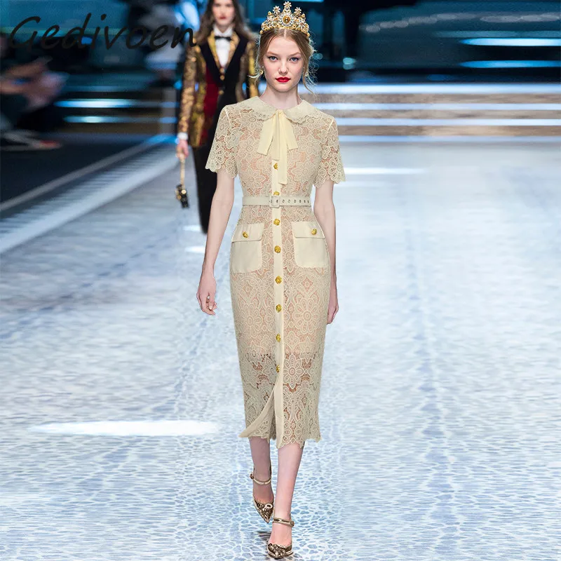 

Летнее модное дизайнерское винтажное платье Gedivoen, женское платье миди с круглым воротником и вырезом на пуговицах