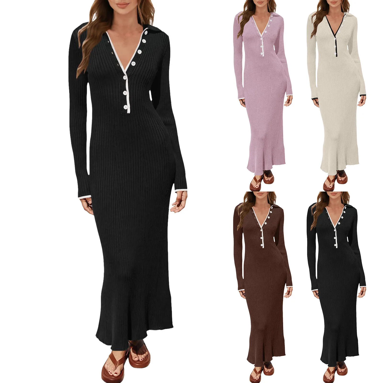 

New Women Kintted Dress Warm Stretch Bodycon Pencil Party Maxi Dress Elegant Female Sexy Button V Neck Package Hip Sweater Dress