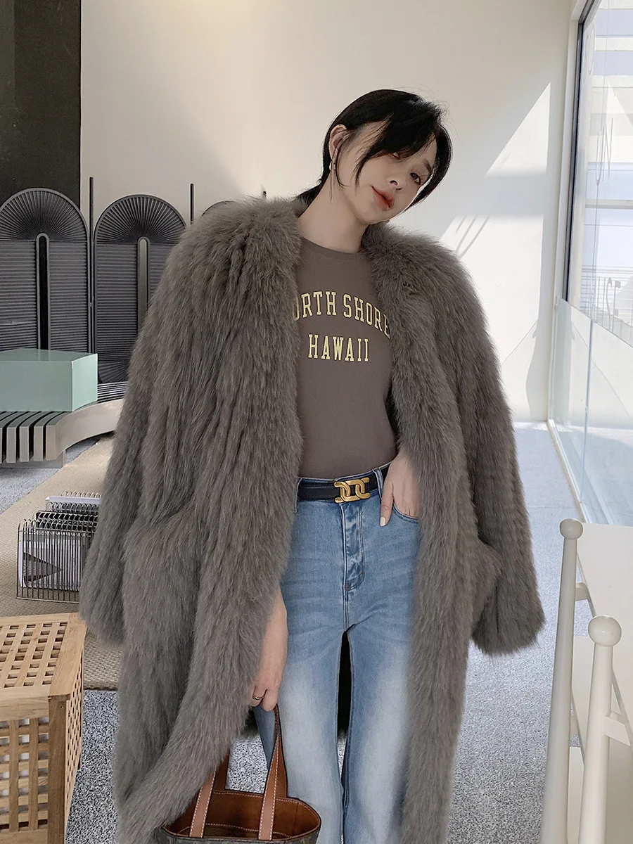 New Winter 2022 Fox Fur Double-sided Braided Fur Coat Long Coat Korean Style Fashion