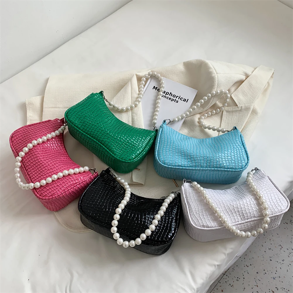 

Fashion Women PU Leather Shoulder Bags Stone Pattern Solid Pearl Chain Underarm Bag for Outdoor Shopping Business
