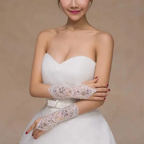 Свадебные перчатки без пальцев цвета слоновой кости с кружевом и цветами для невесты со стразами