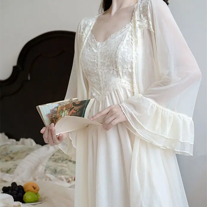Womens Sexy Slip Nightdress Autumn Princess Sleepshirts Vintage Lady Girls Nightgowns Nightdress Royal Style Pajamas Sleepwear