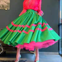 new designs mid calf satin skirts fashion mix color green zipper long skirt mesh lining party skirt women custom made faldas