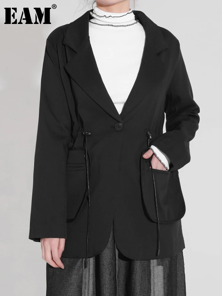 

[EAM] Women Black Drawstring Temperament Blazer New Lapel Long Sleeve Loose Jacket Fashion Tide Spring Autumn 2022 1H79201