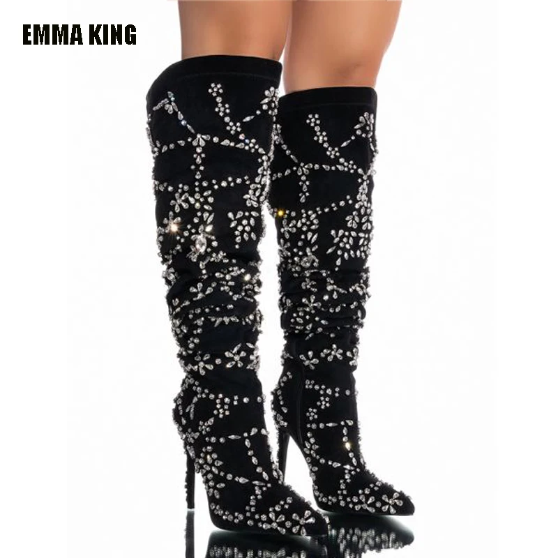 

2022 Fashion Women Over The Knee High Thigh Long Boots 12cm High Heels Crystal Diamond Stripper Long Thigh Boots Shoes 44