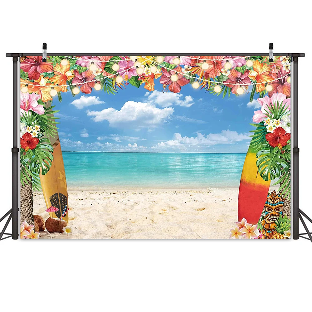 

Aloha Party Backdrop Musical Hawaiian Tropical Flowers Summer Photography Background Floral Sea Palm Birthday Party Banner Photo