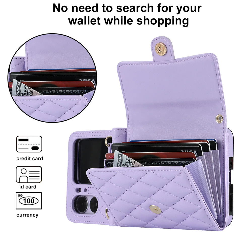 Long Lanyard Wallet Card Solt Crossbody Leather Phone Case For OPPO Find N2 Flip Cards Holder Coin Purse Cover Shockproof Bag