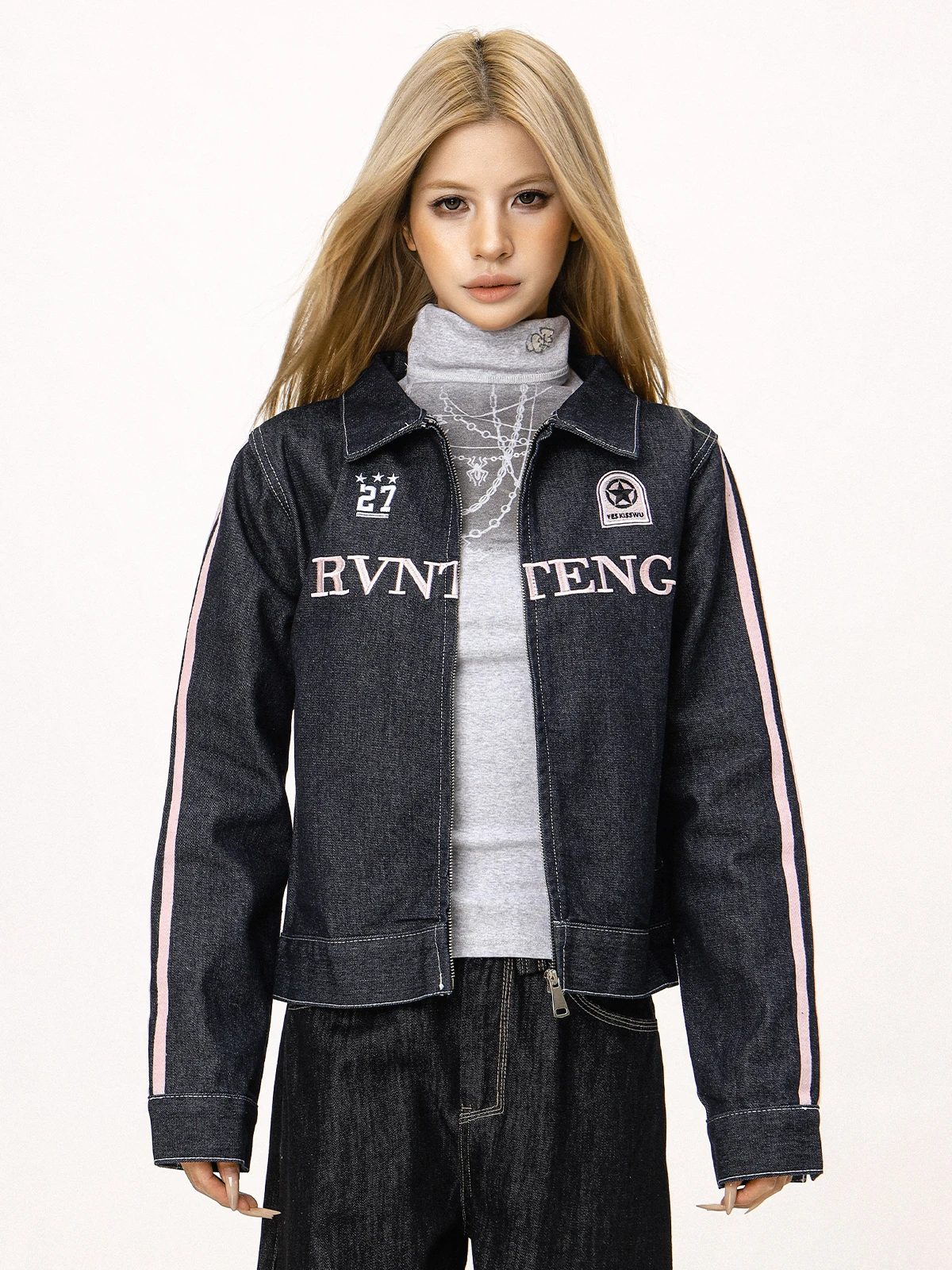 C Captainbeer Stripe Contrast Color Women's Denim Casual Outerwear |