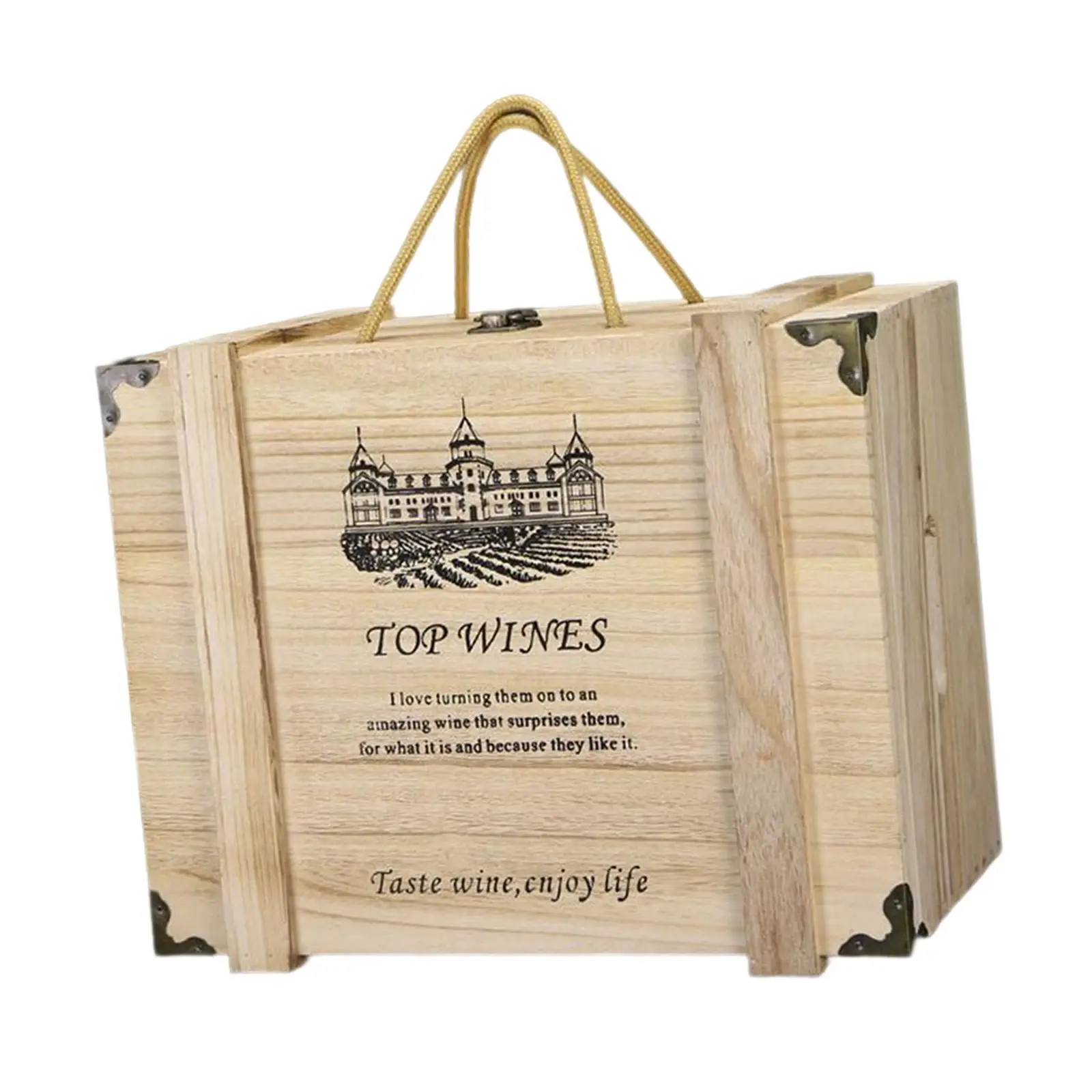 Wood Storage With Rope Carry Handle And Hinged Lid Six Bottled Wine Gift Boxes For Wedding Parties Housewarming