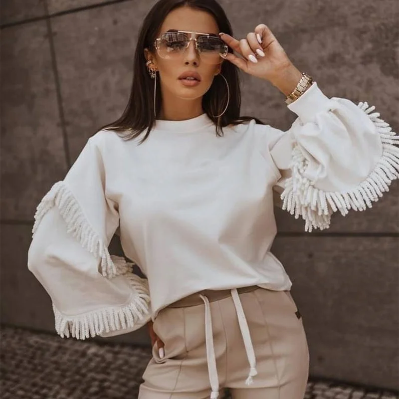 

Fashion Autumn/Winter Lace Round Neck 2021 Contrast Irregular Fringed Bottoming Shirt Loose Casual Long-sleeved Sweater Women