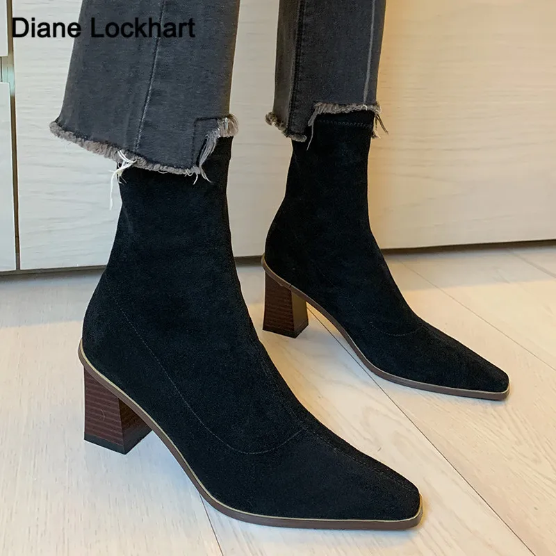 Quality Sexy High Heels Ankle Boots Pointed Toe Stretch Boaties Spring Autumn Suede Slip-on Botines De Mujer Black Khaki Apricot