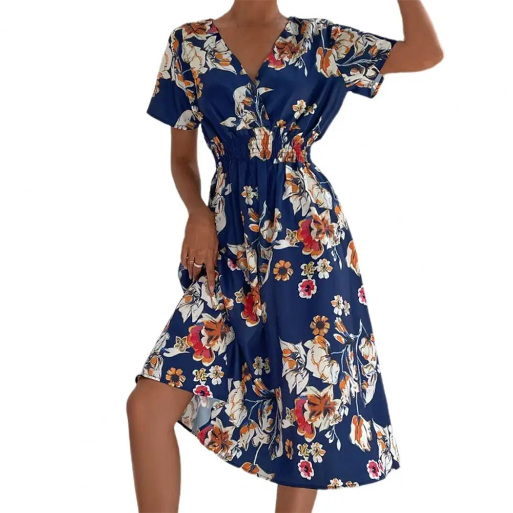 

Summer Women's Small Fragmented Flower Dress 2023 Elegant Women's Fashion Print Short Sleeve V-Neck Elastic Waist Dress Vestidos