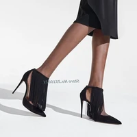 solid color pointed fringe pumps shallow thin heel zipper simple european style zipper 2022 summer new arrivals hign heels