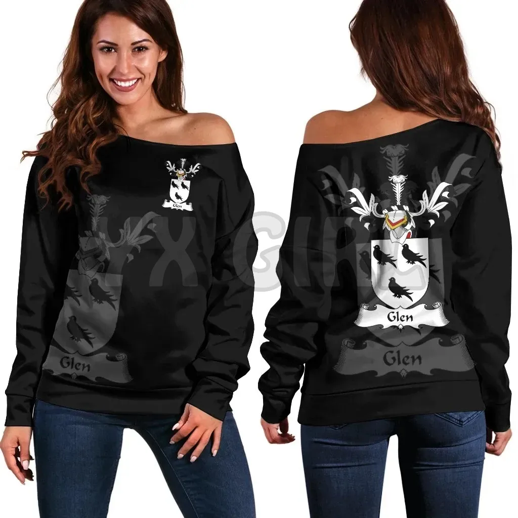 YX GIRL Glen Family Crest Women's Off Shoulder Sweater  3D Printed Novelty Women Casual Long Sleeve Sweater Pullover