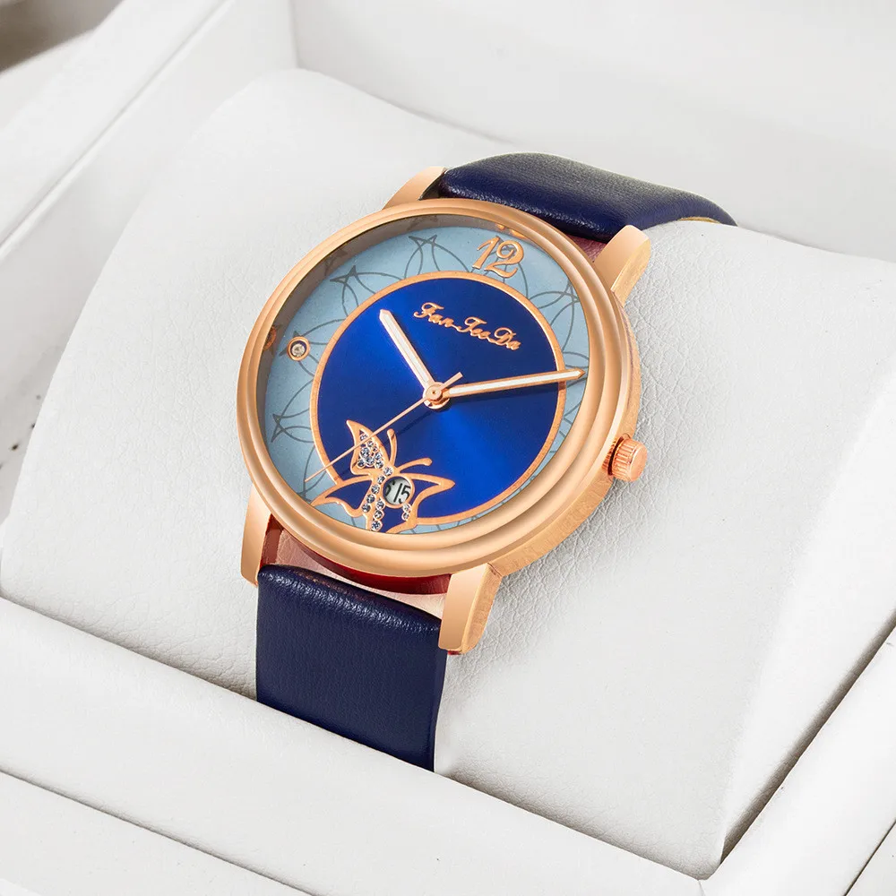 Simple Butterfly Crystal Dial Design Ladies Wristwatches Fashion Casual Women Flower Calendar Watches Woman Leather Quartz Watch