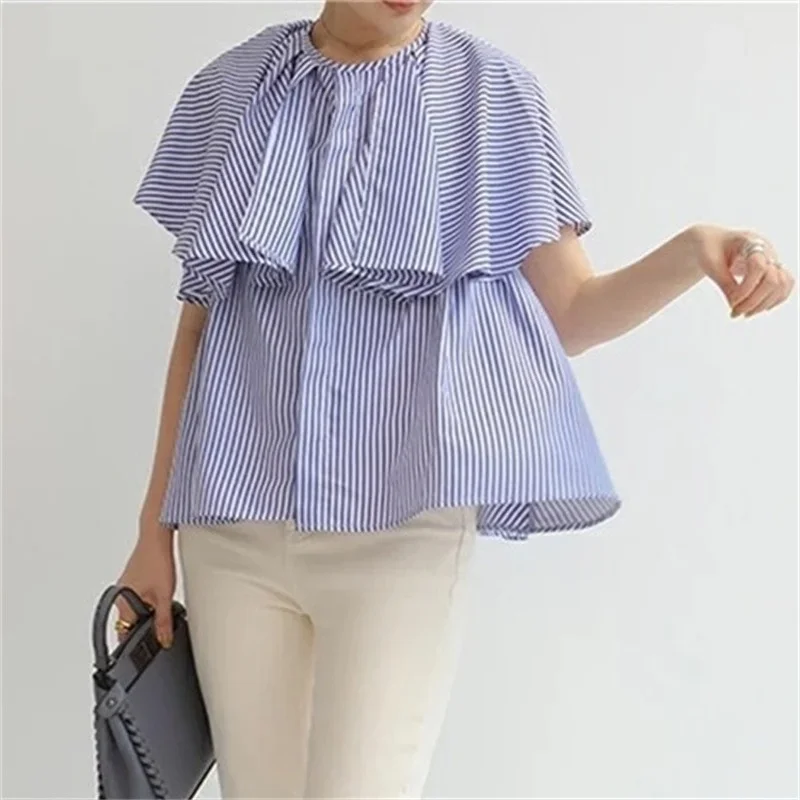 Лето 2024 новый свободный дизайн блузка с круглым вырезом женские однобортные