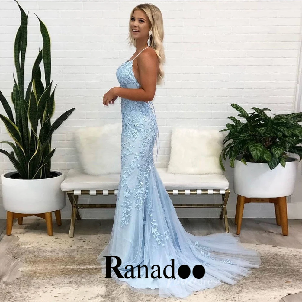 

Trumpet Evening Gowns For Women Sparkly Spaghetti Strap Lace Up Tulle Sleeveless Court Train Gown Robes De Soirée Personalised