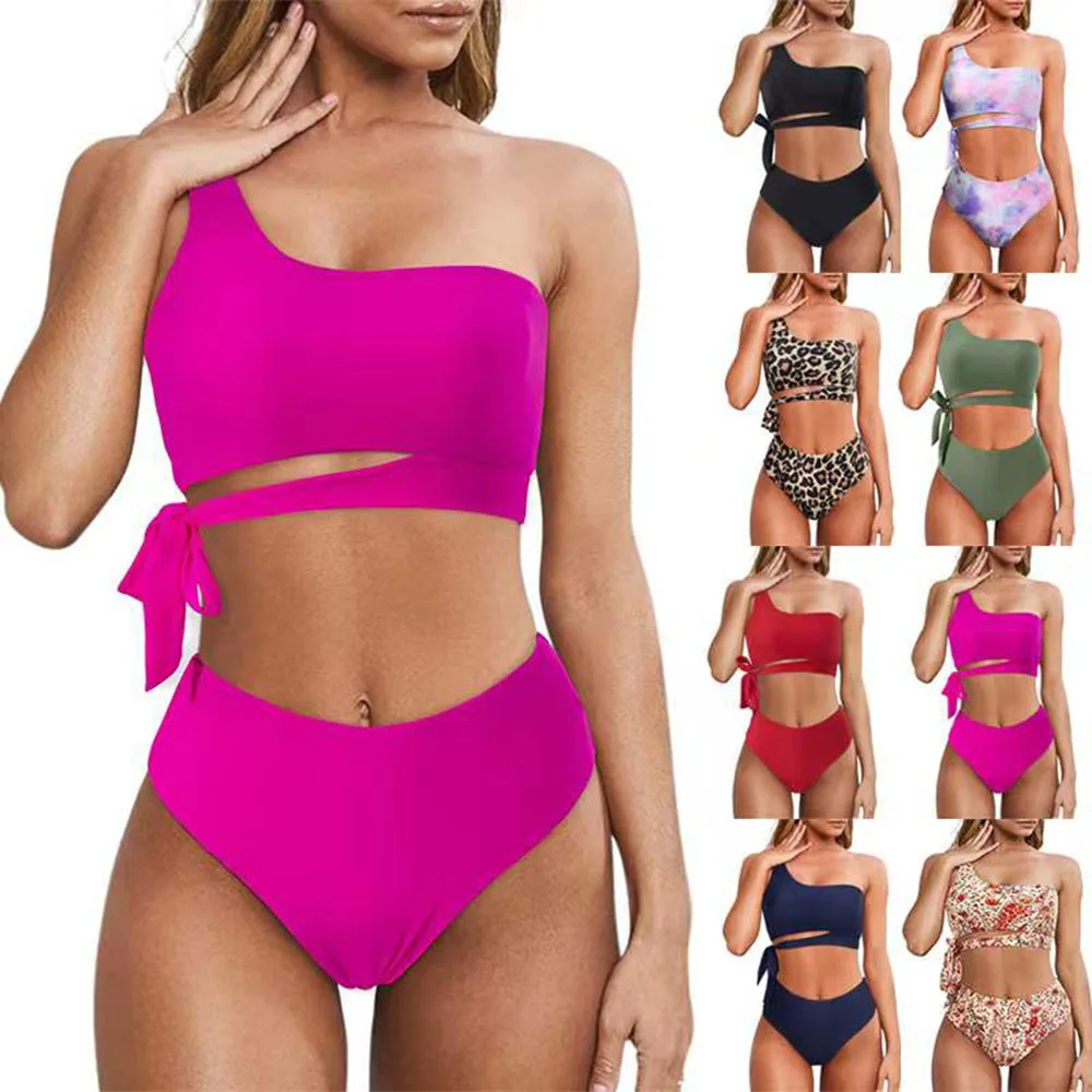 

2022 New One Shoulder Bikins Group Set Two Piece Set Swimsuit Women High Waisted Swimwear Bathers Beach Wear Clothing