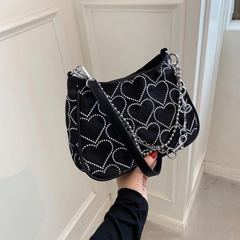 

Fashion Handbags 2023 Heart Shape Embroidered Girl Autumn Winter Shoulder Bag Woman Lolita Gothic Tote Solid Canvas Bag