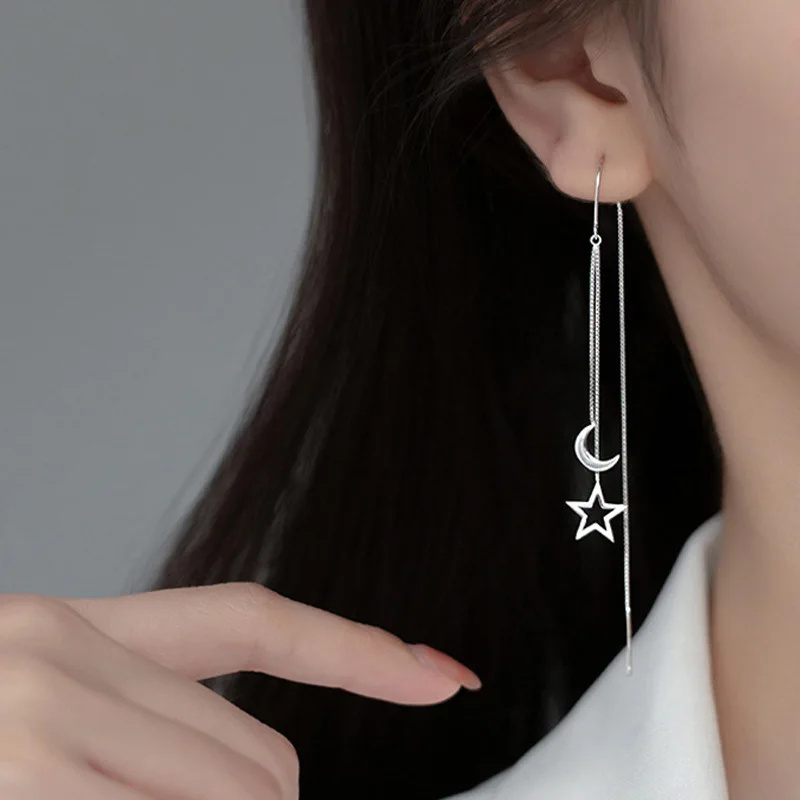 

Star and Moon Long Chain Ear Wire Silvery Fashion Simple Female Jewelry