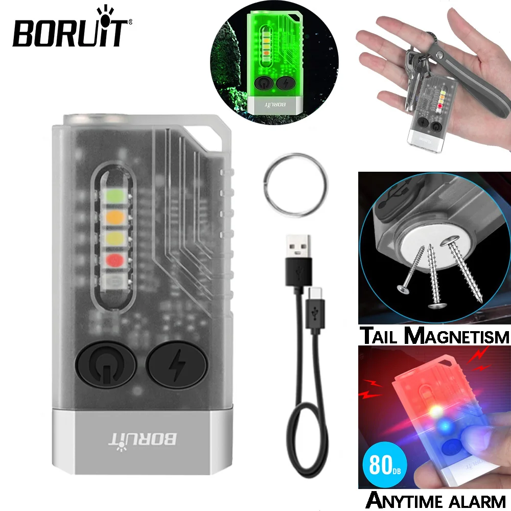 BORUiT V10 Portable Micro Flashlight EDC Keychain Flashlight Type-C Rechargeable 365nm UV Flashlight Beep Portable Alarm Torch