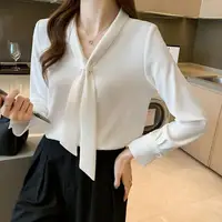 Lace Up Korean Style Blusas Pockets Blouse Women 3XL Chiffon Long Sleeve Shirt Spring Autumn White Loose Blouses Female Tops