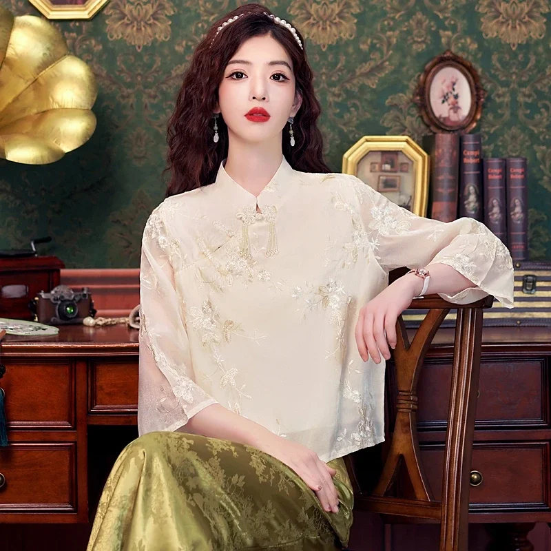 Женская блузка с цветочной вышивкой в китайском стиле