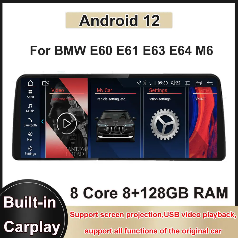 

For BMW 5 Series E60 E61 E63 E64 M6 Android 12 Touch Screen 12.3 Inch Car Monitor Carplay Multimedia Navigation Audio Player