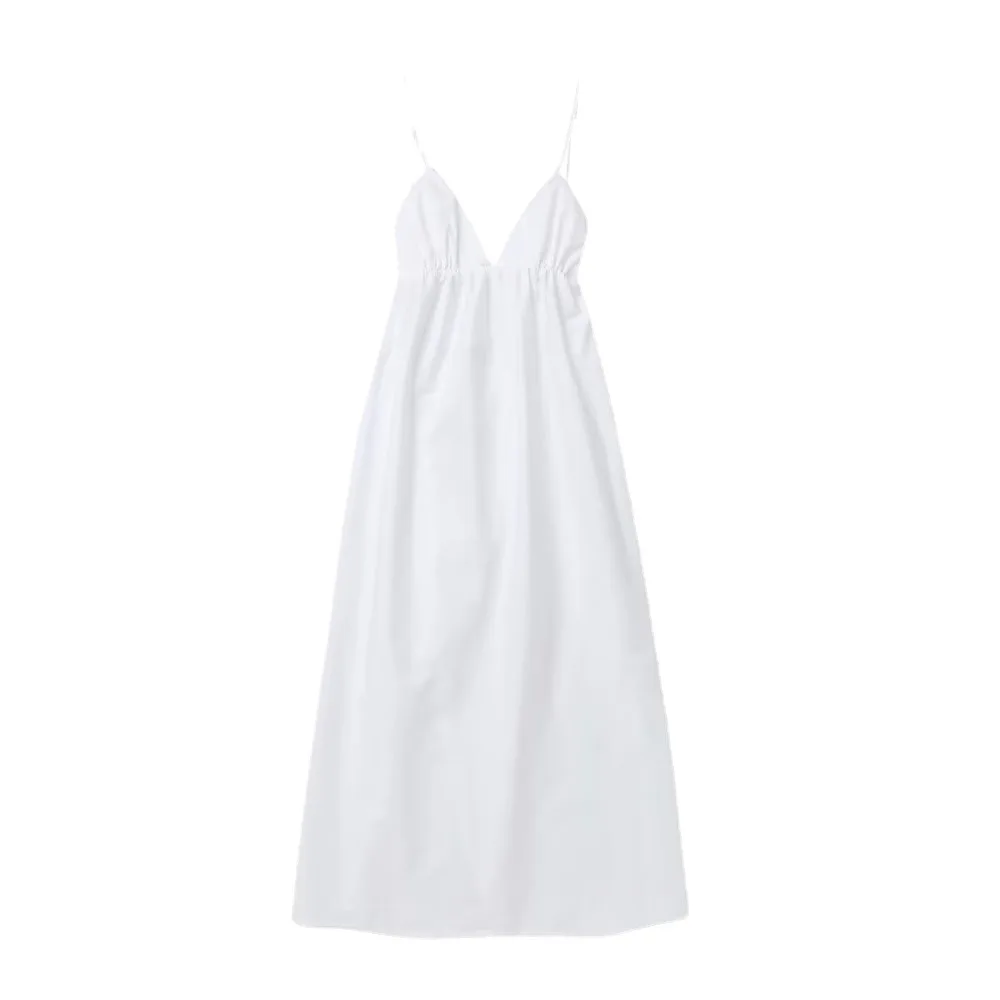 Фото Vrouwen Rugloze Midi Dress V Hals effen Bravo пуловер с высокой талией losjes vallend A-lijn rok Zomer Nieuwe Vrouw Chique jurk №4